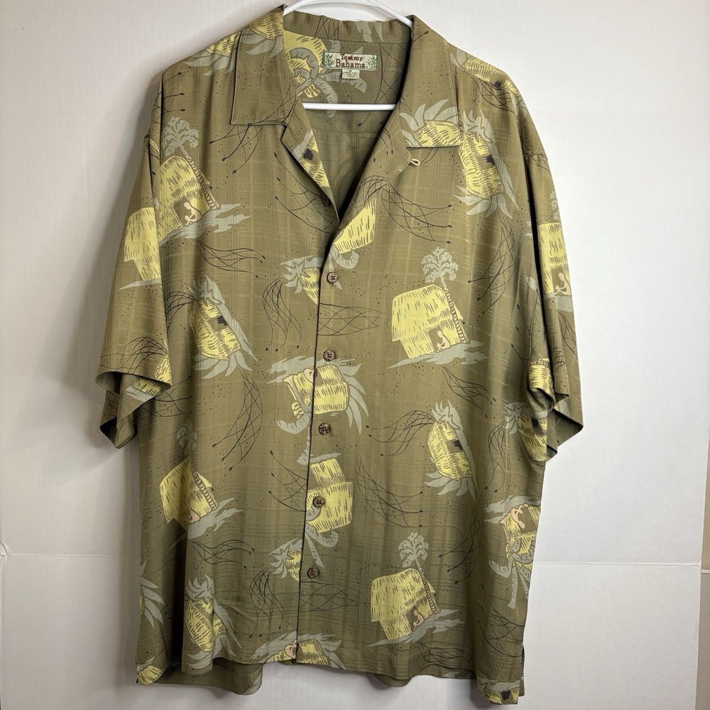 Tommy Bahama Silk Men's Shirt Tropical Grass Huts Olive Green Size XL